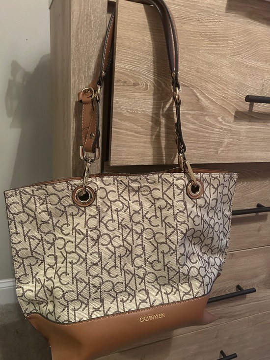Calvin Klein Handbags - Calvin Klein Brown and Ivory Signature Logo Tote